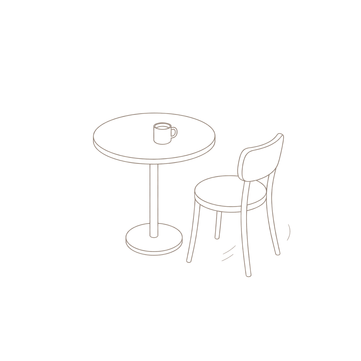 A small café table in morning light, one chair pulled out and waiting.